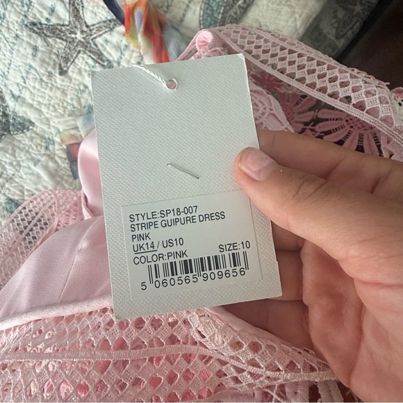 NWT Self-Portrait Dress Stripe Guipure Off-The-Shoulder Mini in Pink - Picture 7 of 8
